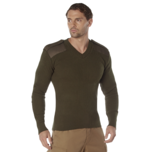 Military Style Acrylic V-Neck Sweater OD Green