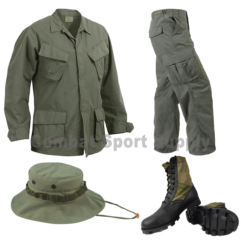 Vietnam Era COMPLETE 3rd Pattern Jungle Combat Uniform - OD Slant Pocket Shirt,  Pants, Jungle Boots and Boonie Hat